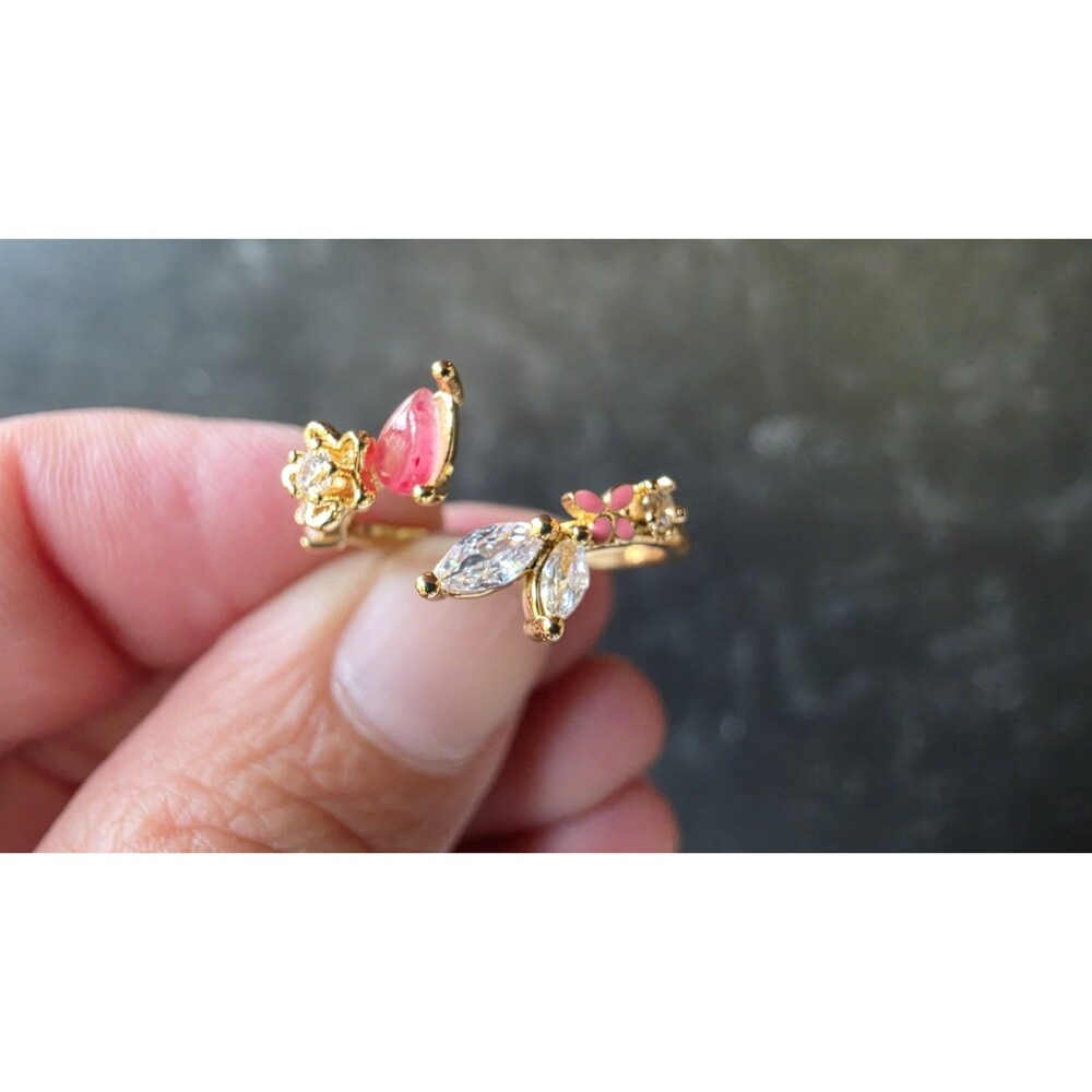 Rhinestone & Pink Enamel Butterfly Gold Tone Metal Adjustable Ring Size 7